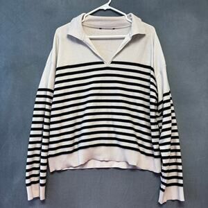 Cropped Striped Collared Pullover Sweater Beige Black Women’s Top Preppy Casual